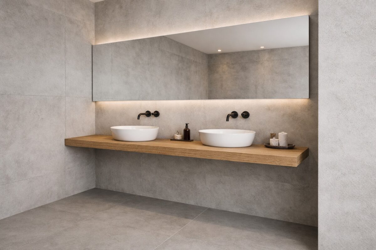 Reduziertes Bad mit Betonflächen und aufgedoppeltem Eichenwaschtisch.
