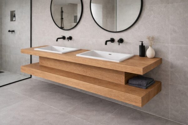 Modernes Bad mit Waschtisch aus aufgedoppelter Eiche.