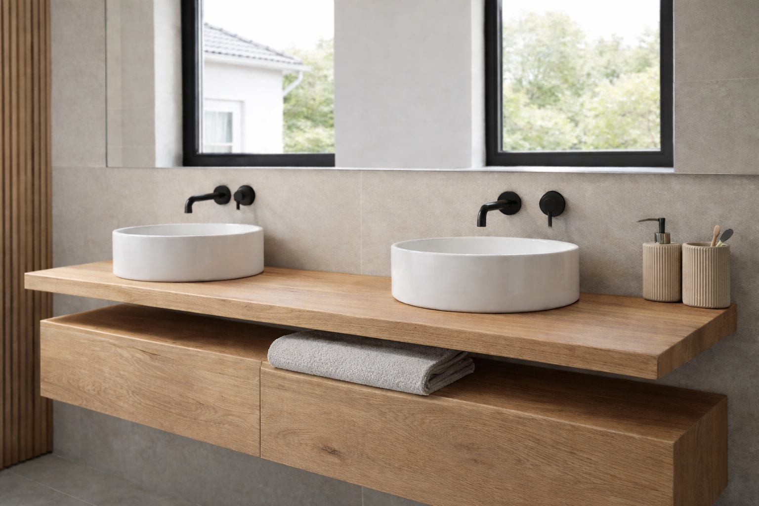 Bad mit Tageslicht und Waschtisch aus aufgedoppelter Eiche.