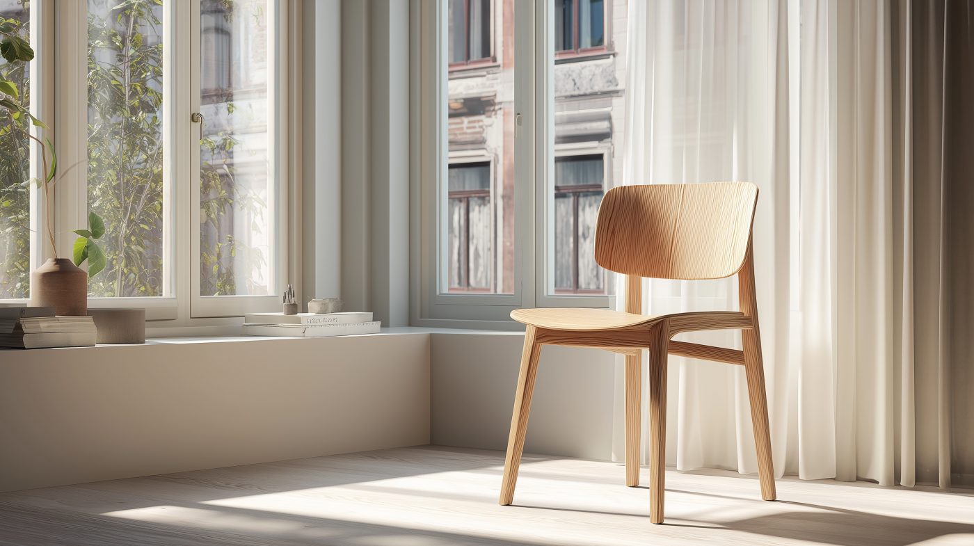 Ein minimalistischer Stuhl mit geschwungenem Sitz- und Rückenrahmen aus gebogenem Eichenholz.