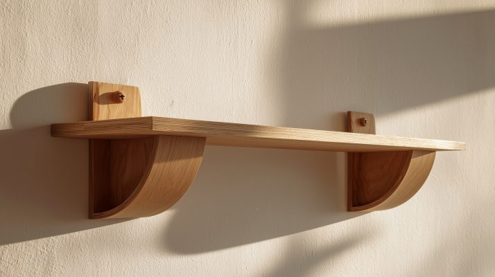 Ein modernes Wandregal mit gebogenen Holzträgern.