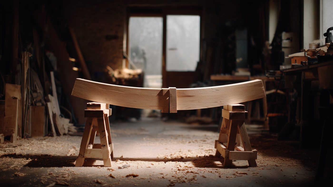 Eine massive Holzleiste liegt über zwei Böcken und wird in der Mitte belastet – die leichte Biegung zeigt die natürliche Elastizität des Materials.