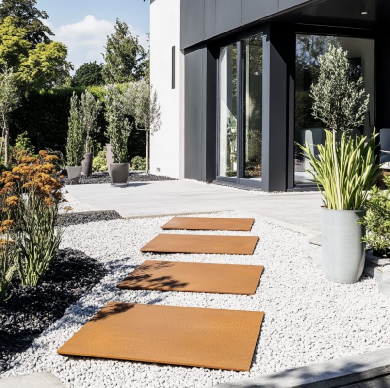 Cortenstahl-Trittplatten vor einer Terrasse.