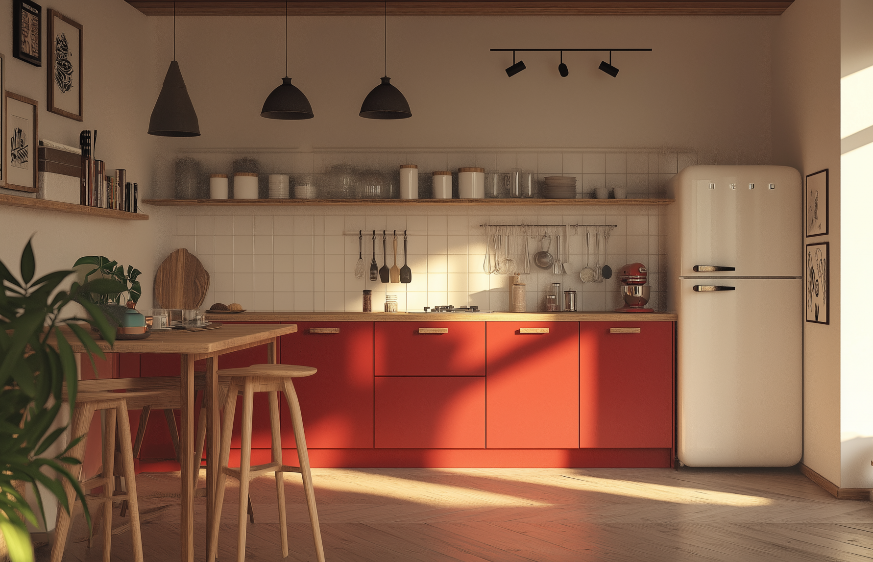 Moderne Küche mit roten Fronten und Holzdetails.