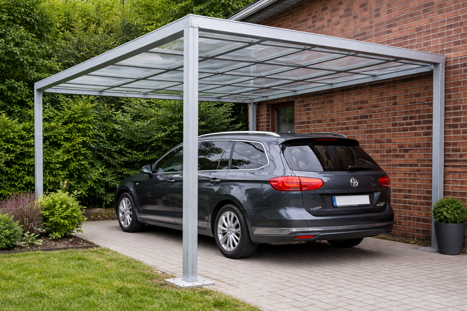 Ein Carport aus verzinktem Quadratrohr schützt Fahrzeuge dauerhaft vor Witterung in moderner Bauweise.