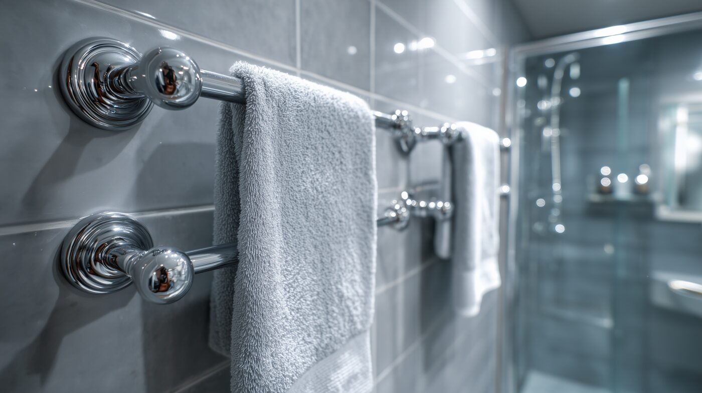 Badezimmer mit verchromten Armaturen - darauf hängend Handtücher.
