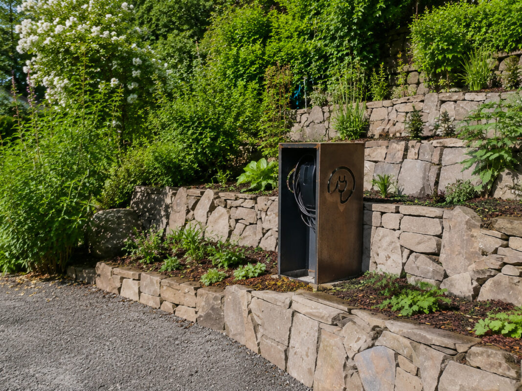 Cortenstahl-Wallbox an der Auffahrt zwischen Natursteinmauer, Pflanzen und grüner Bepflanzung im Außenbereich.