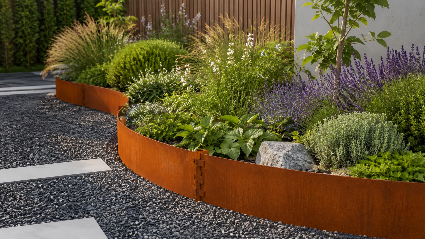 Eine geschwungene Beetbegrenzung aus Cortenstahl verläuft durch einen Garten.