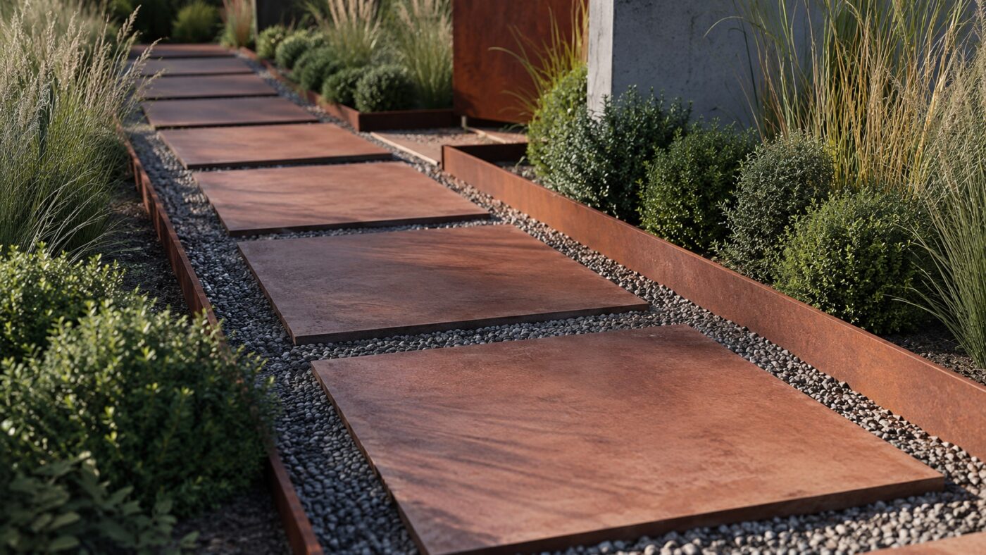 Moderner Gartenweg mit Cortenstahlplatten, Kies, Gräsern und seitlicher Beeteinfassung aus Cortenstahl
