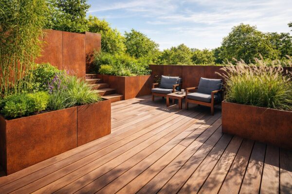 Cortenstahl und Holzdeck bilden eine Terrasse mit natürlichem Kontrast.