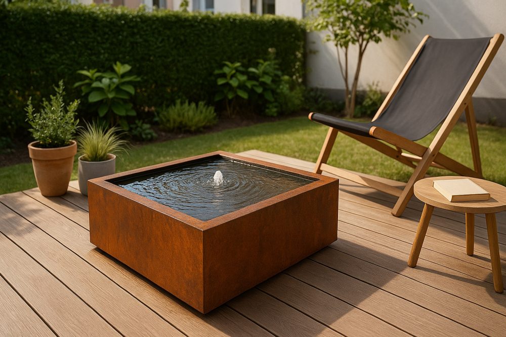 Quadratische Wasserschale aus Cortenstahl auf der Terrasse.