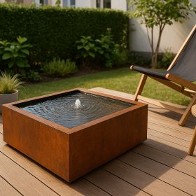 Quadratische Wasserschale aus Cortenstahl auf der Terrasse