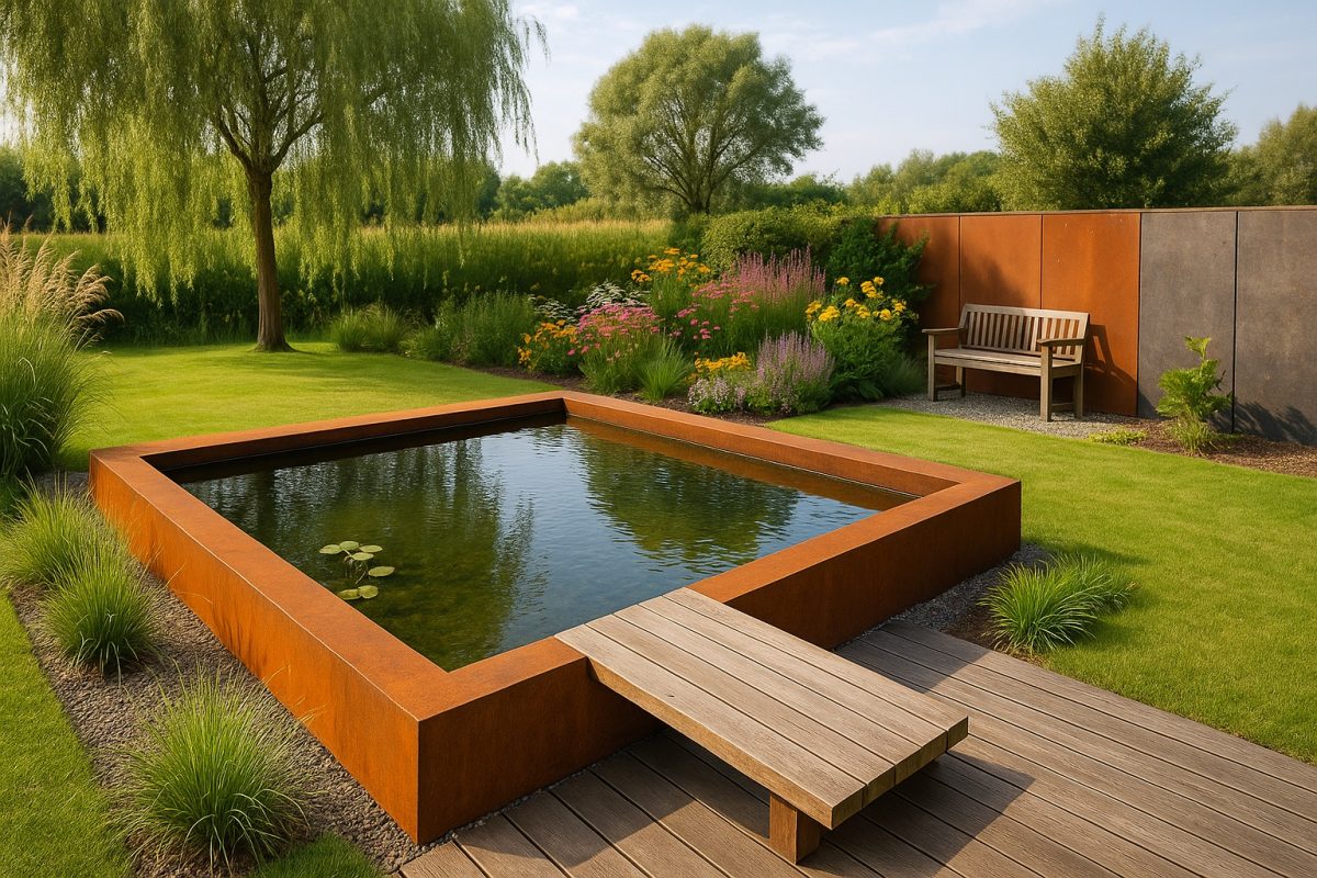 Großes quadratisches Wasserbecken aus Cortenstahl mit einer Bank aus Holz