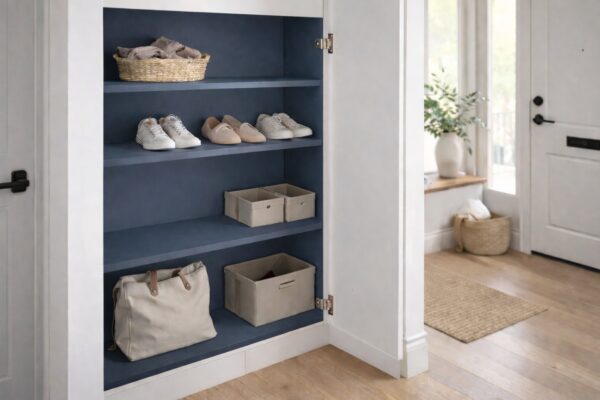 Dekor-Einlegeböden schaffen Ordnung im geöffneten Flurschrank.