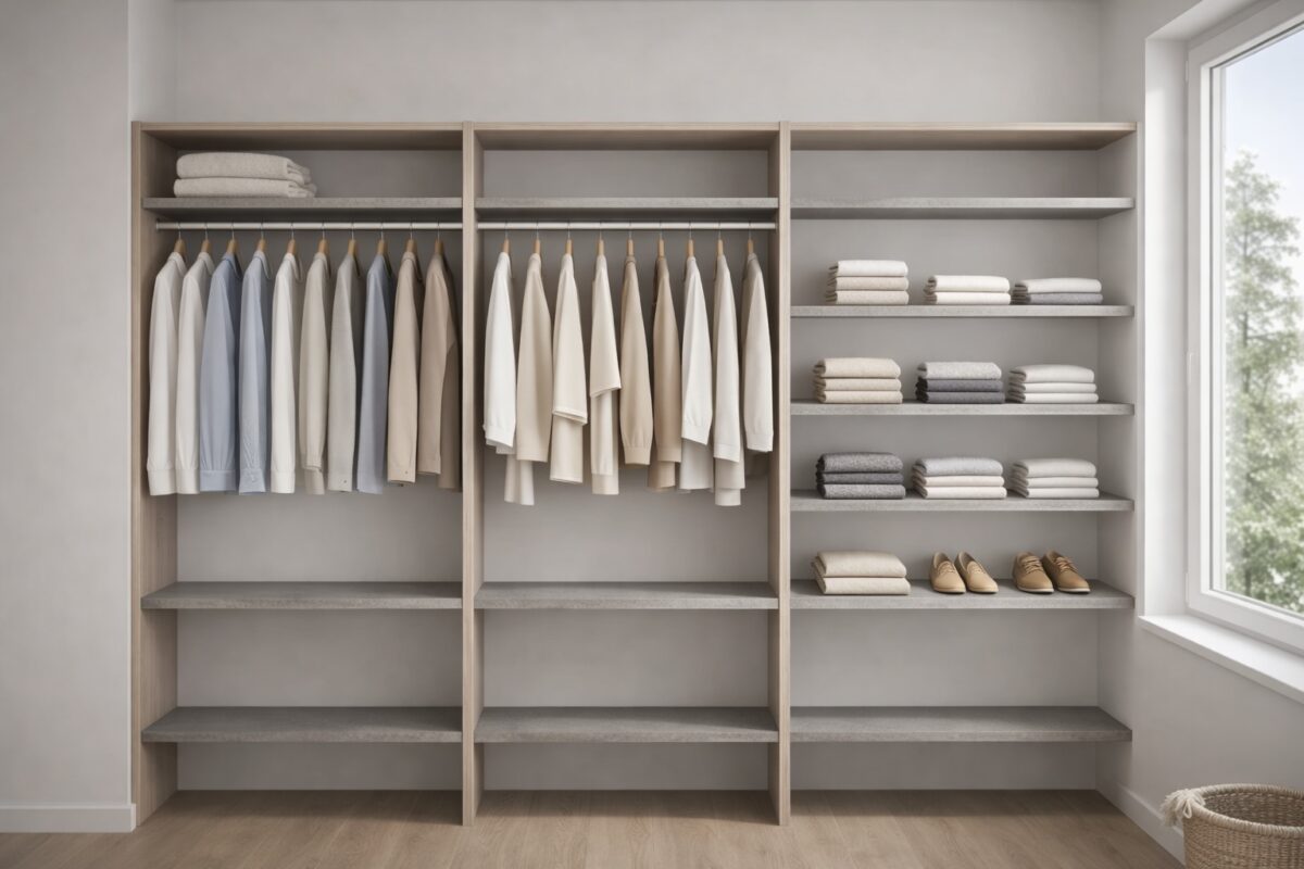 Dekor-Einlegeböden strukturieren Kleidung in einem offenen Ankleideschrank.
