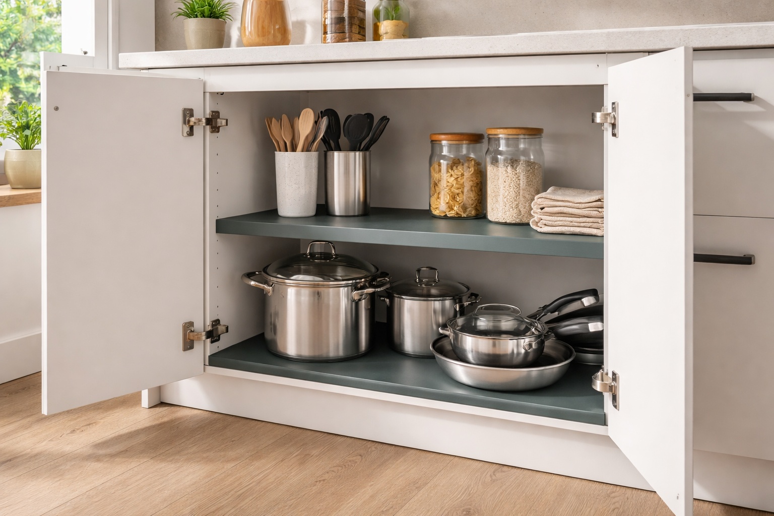 Dekor-Einlegeböden trennen Töpfe und Küchenutensilien in einem Unterschrank.
