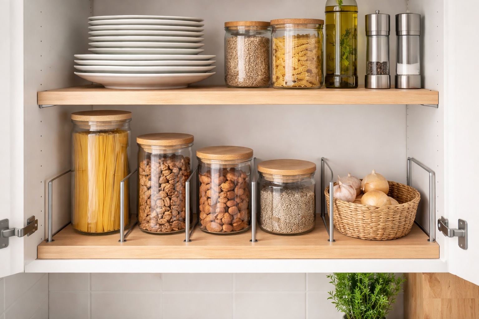 Ein geöffneter Küchenschrank zeigt Dekor-Einlegeböden mit übersichtlich angeordnetem Geschirr und gefüllten Aufbewahrungsdosen.