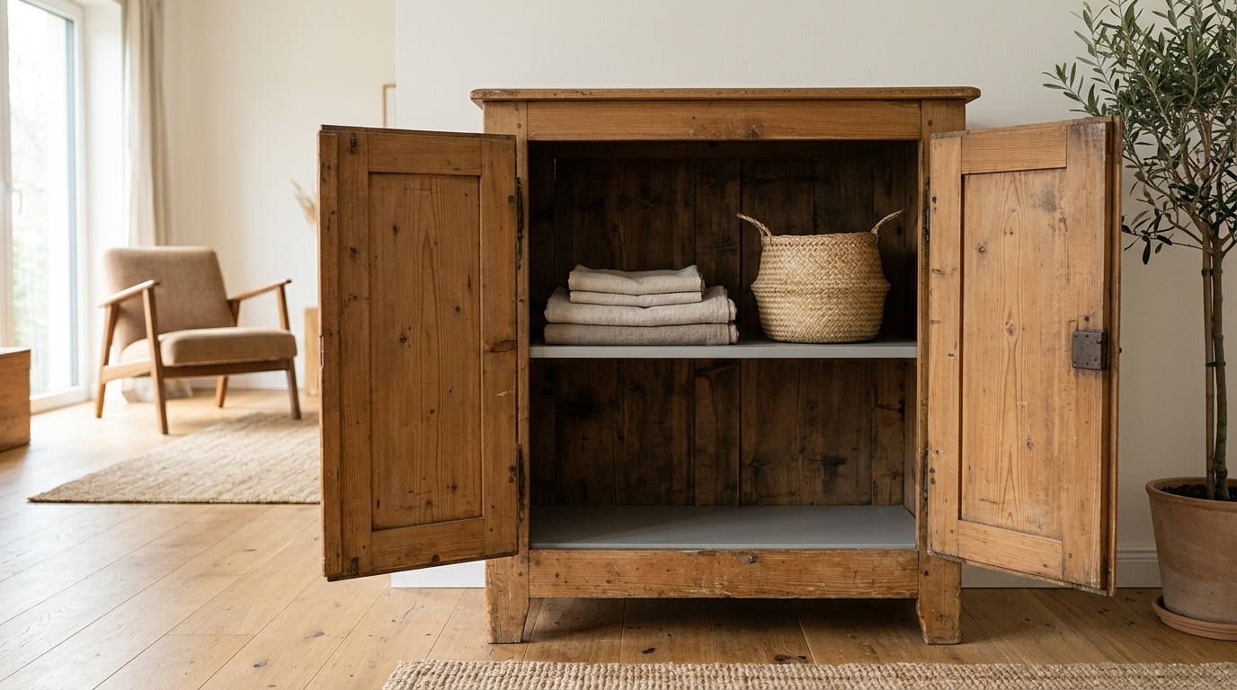 Ein Dekor Einlegeboden in Steingrau bietet Ablagefläche für gefaltete Textilien in einem Holzschrank.