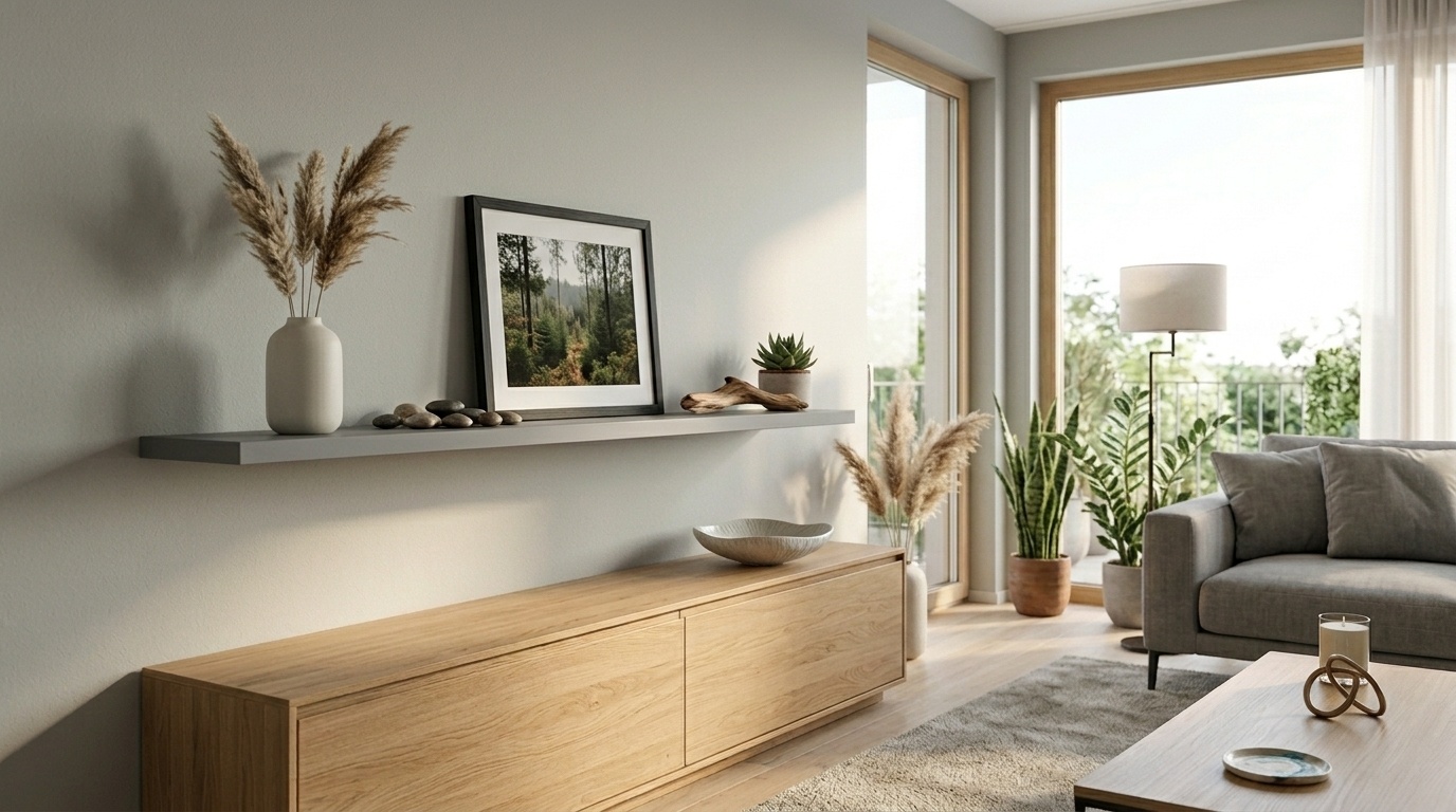 Ein betonfarbenes Dekor Wandregal zeigt ein Bild, eine Vase und Pflanzen über einem Sideboard.