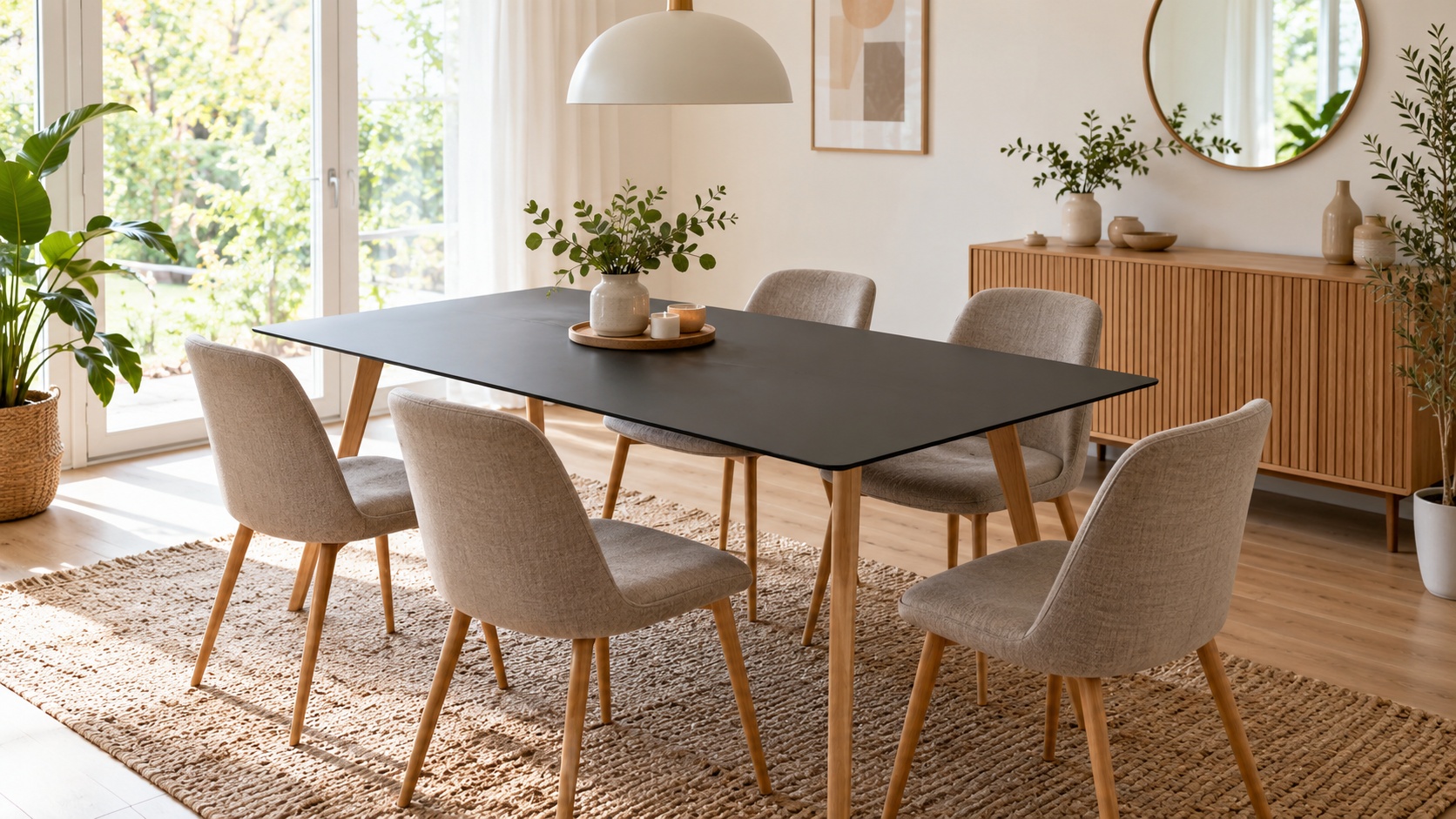 Decor tafelblad in donkergrijs met houten poten, zes gestoffeerde stoelen, planten en een dressoir in een lichte eetkamer.
