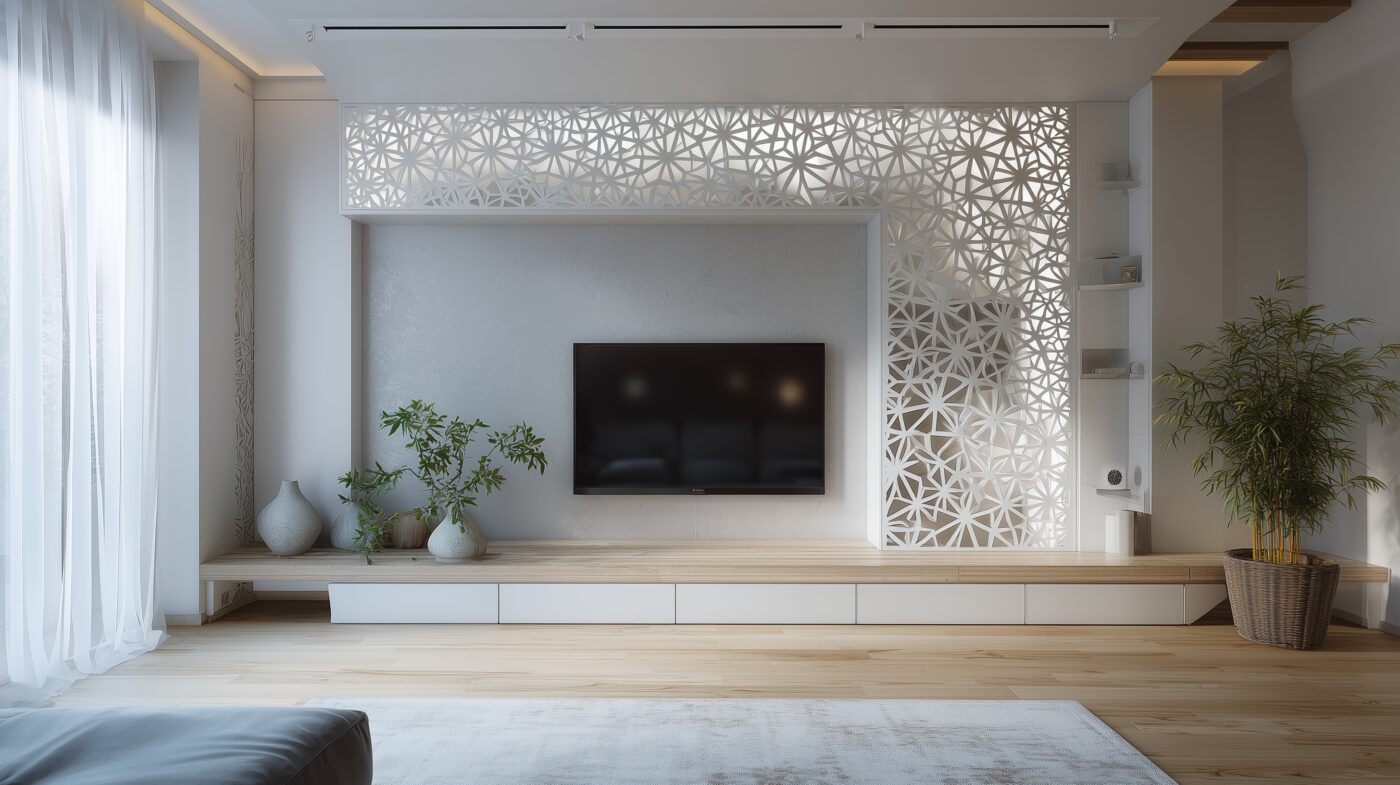 Medienwand mit CNC-Dekorblech in Sternform und Beleuchtung.