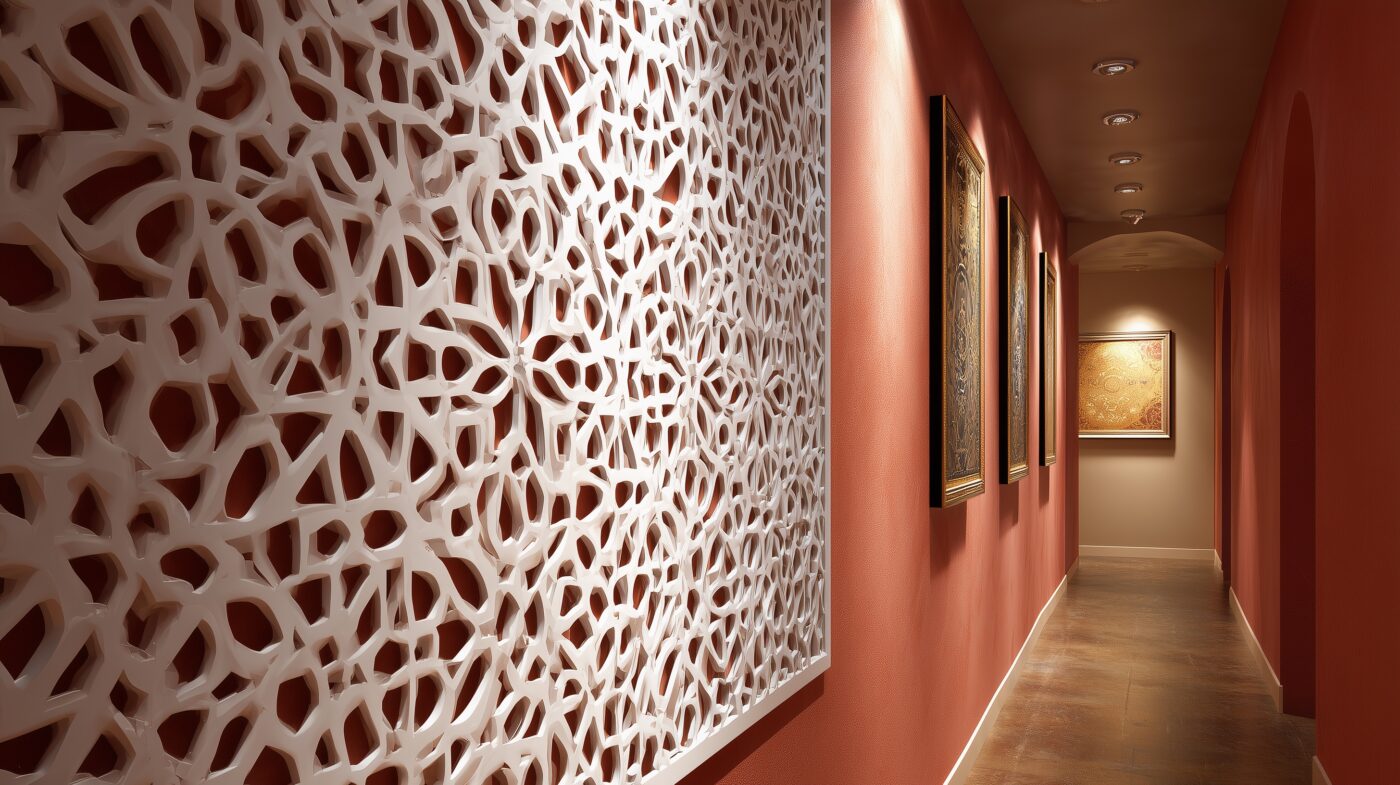 Wandinstallation mit Arabesk-Dekorblech und warmen Farbakzenten.
