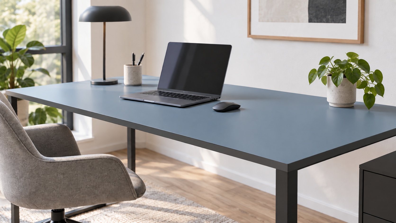 Een duifblauw bureau met antracietkleurige contrastrand en zwarte poten staat met laptop, muis, lamp en plant bij het raam.