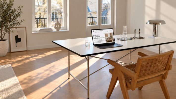 Ein weißer Schreibtisch mit schwarzer Kontrastkante und Metallgestell steht in einem hellen Raum mit Laptop und Holzstuhl.