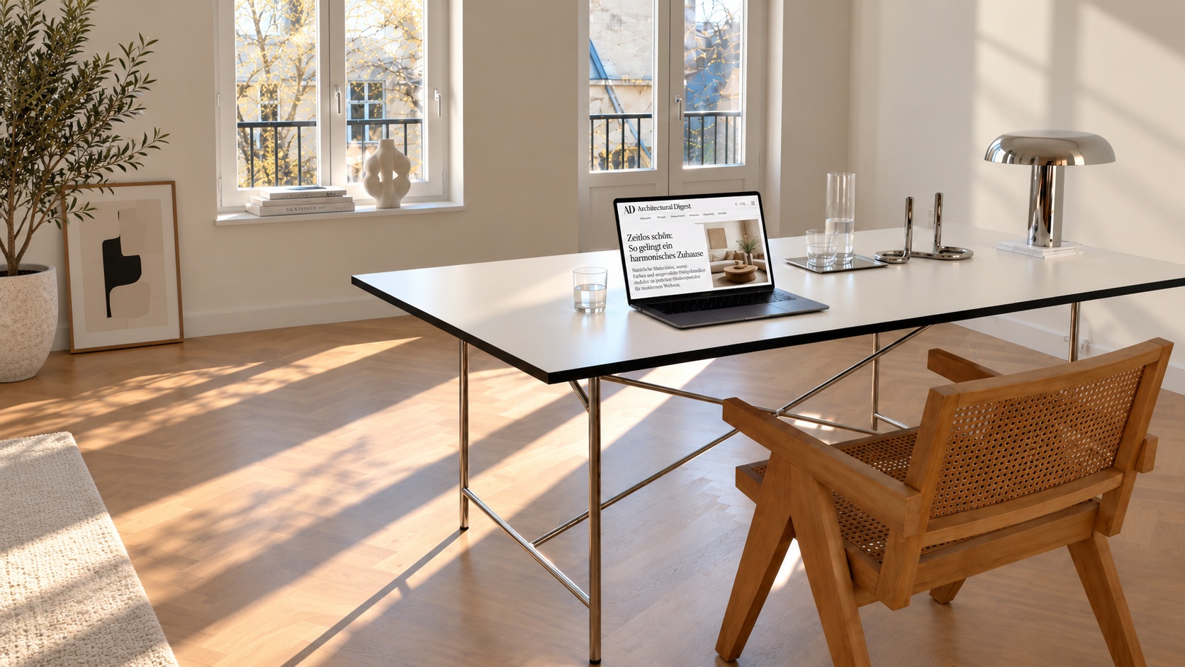 Een witte bureau met zwarte contrastrand en metalen onderstel staat in een lichte ruimte met laptop en houten stoel.