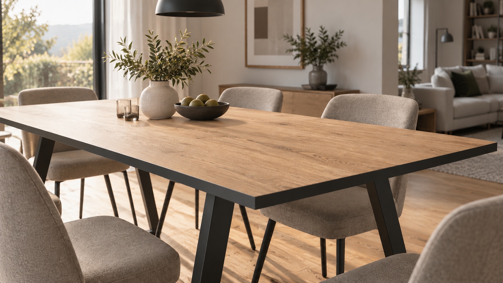 Een grote houten tafel met zwarte contrastrand en zwarte poten staat in een lichte eetruimte met gestoffeerde stoelen.