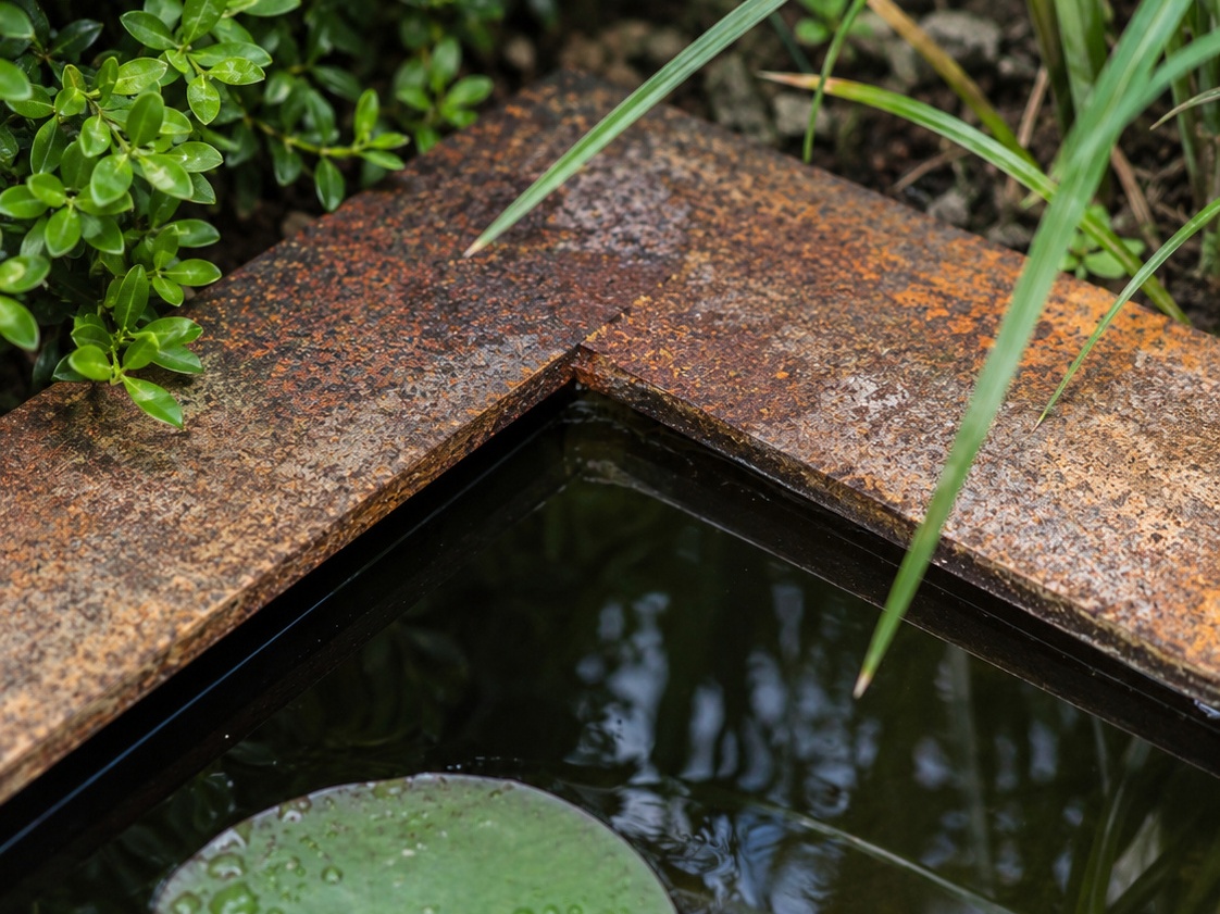 Eine Detailansicht , von Schwarzstahl der gerostet ist an der ecke eines Gartenteiches