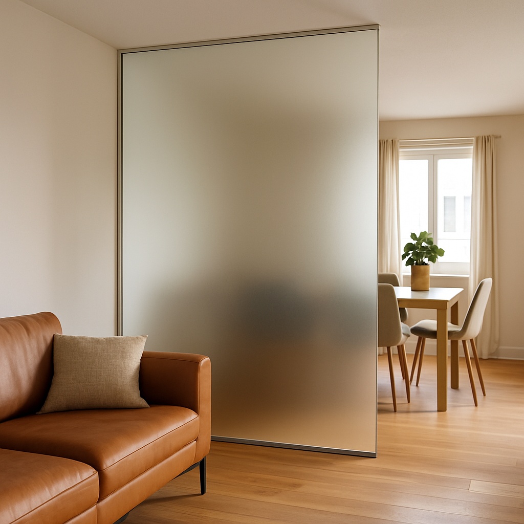 Satiniertes ESG-Glas als Raumteiler.