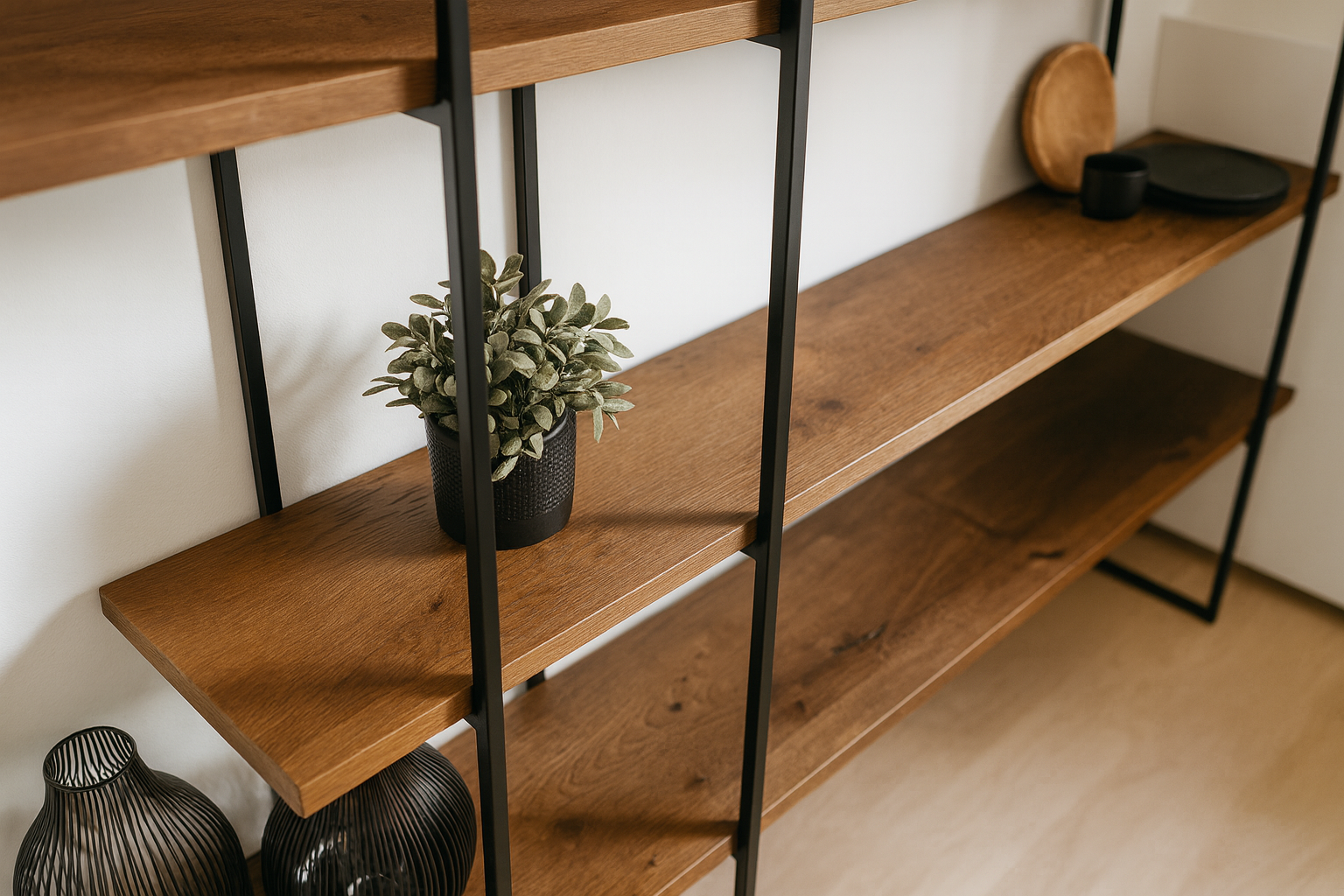 Ein Regal zeigt Echtholz Furnierplatten in einem schwarzen Metallrahmen mit Pflanzen.