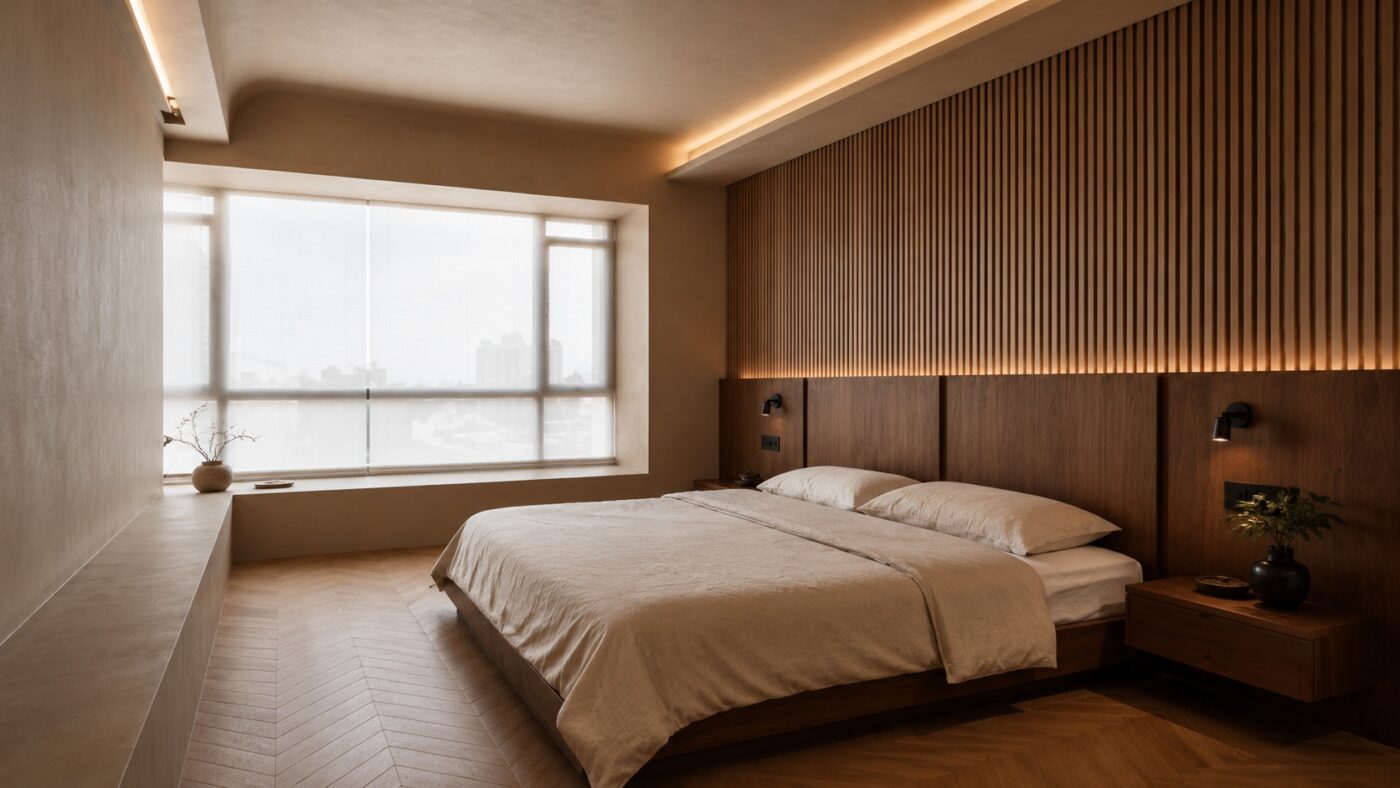 Ein modernes Schlafzimmer mit einer warmen Wandverkleidung aus Echtholzfurnier und vertikalen Holzleisten.