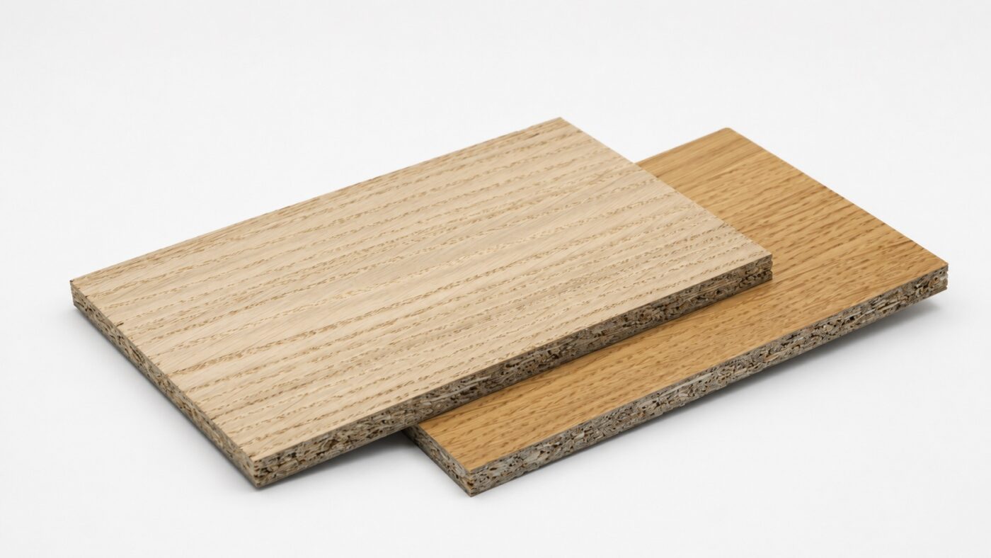 Das Bild zeigt zwei überlappend angeordnete Platten mit Echtholzfurnier aus Eiche in unterschiedlichen Farbtönen auf einem weißen Hintergrund.