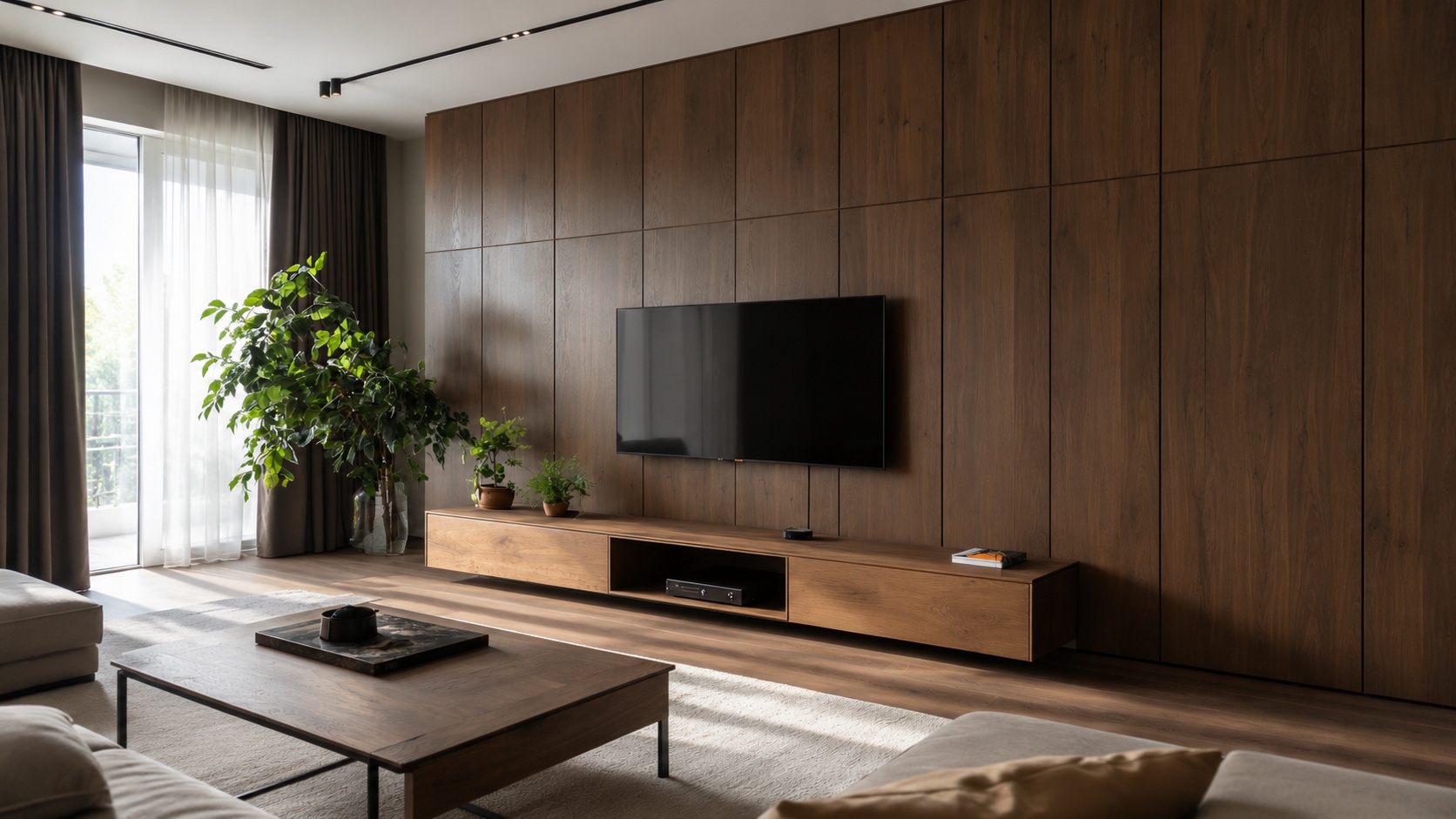 Echtholzfurnier schafft eine warme Atmosphäre im modernen Wohnzimmer.