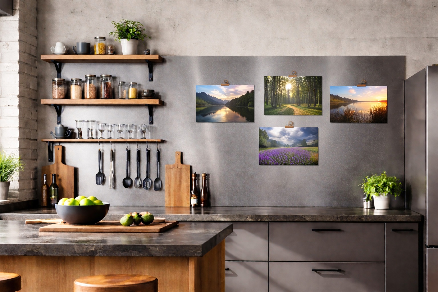 Loftküche mit magnetischer Edelstahlrückwand und ruhiger Metalloberfläche.