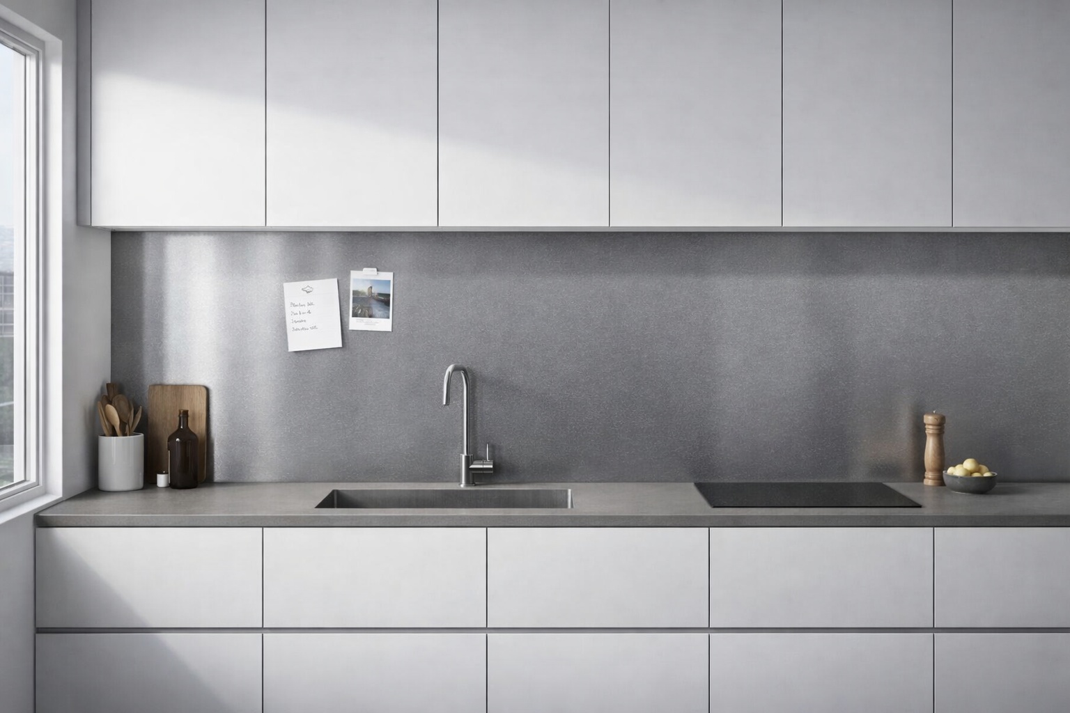 Minimalistische Stadtküche mit magnetischer Edelstahlrückwand.