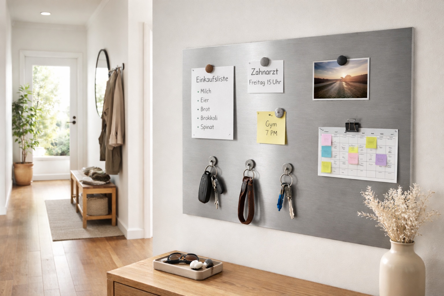 Flur mit magnetischer Edelstahlfläche zur strukturierten Alltagsorganisation.