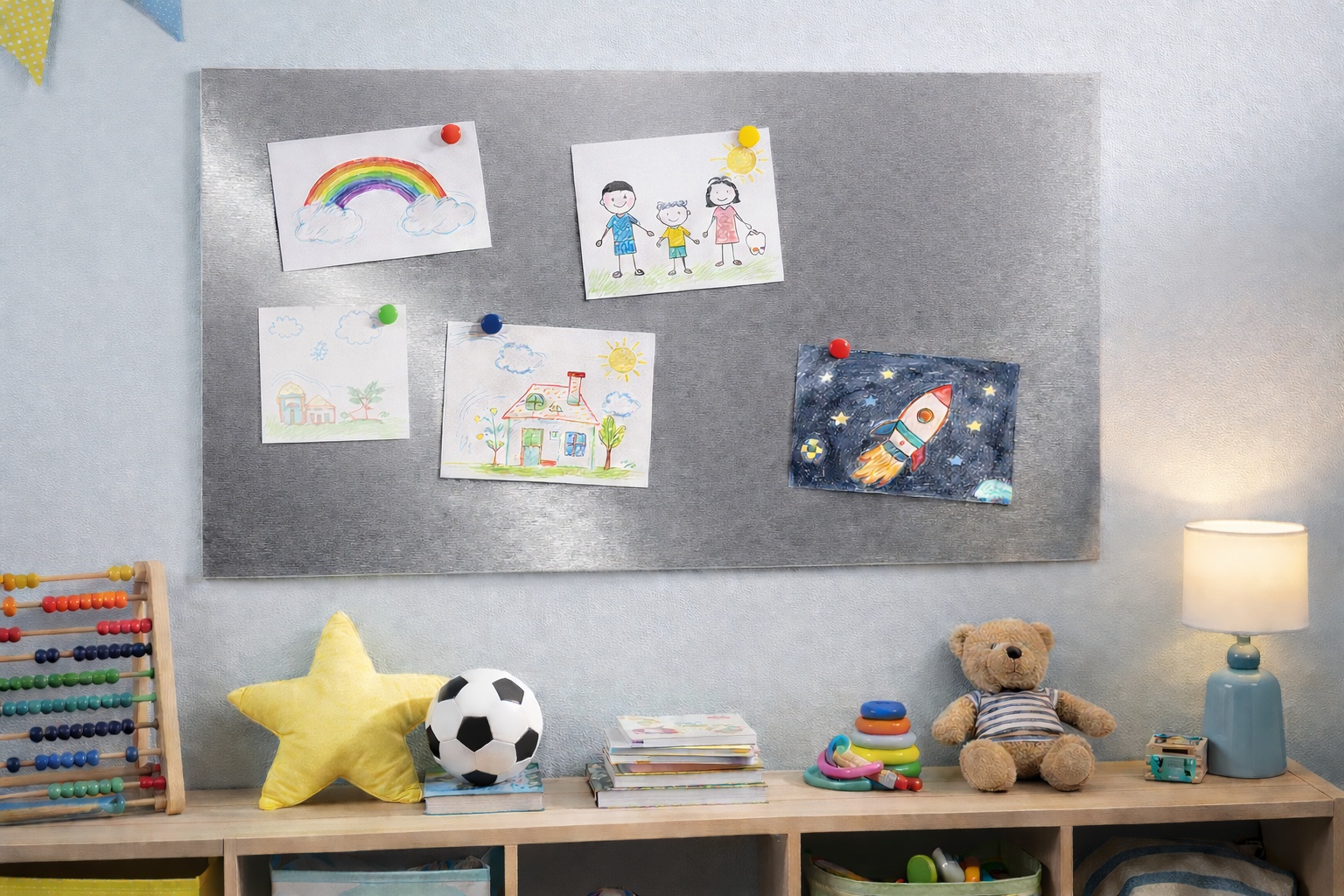 Kinderzimmer mit magnetischer Edelstahlfläche für eine flexible Organisation.