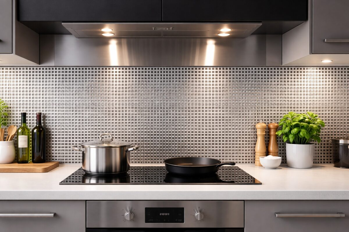 Quadratisch gelochtes Edelstahl-Lochblech strukturiert die Küchenrückwand und unterstützt eine klare, moderne Raumwirkung.