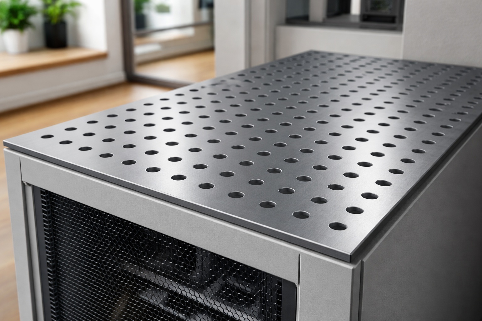Edelstahl-Lochblech verkleidet einen Technikschrank im privaten Wohnbereich.