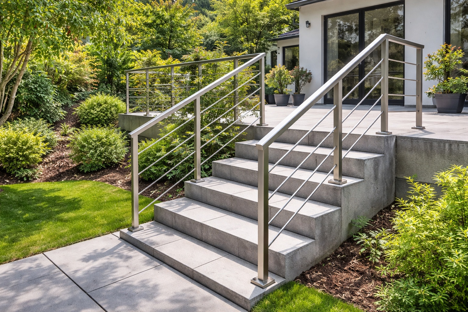 Eine Außentreppe wird von einem Geländer aus Edelstahlprofilen begleitet.