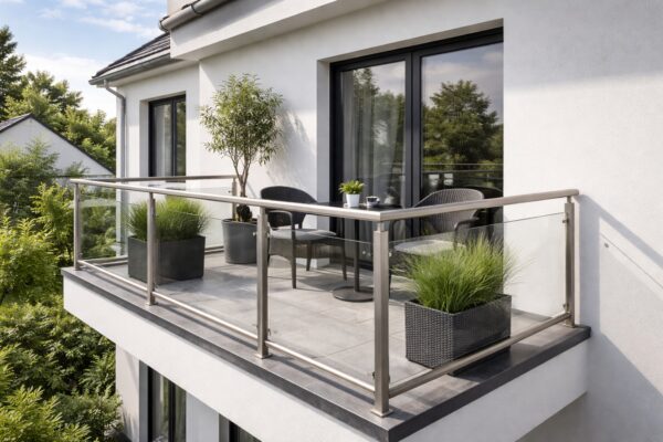Ein Balkon besitzt ein Geländer aus quadratischen Edelstahlprofilen.