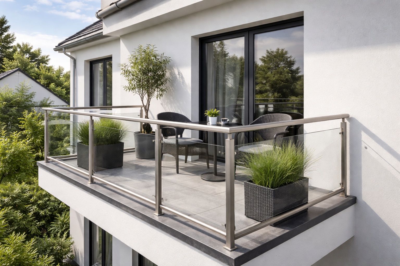 Ein Balkon besitzt ein Geländer aus quadratischen Edelstahlprofilen.