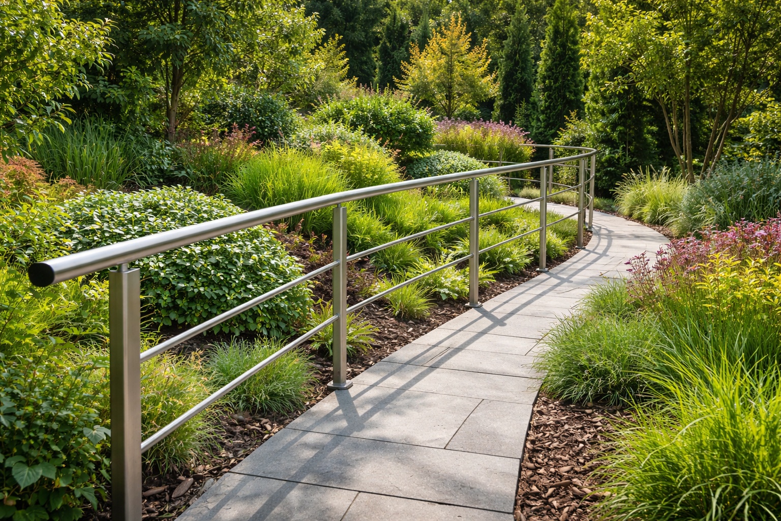 Ein Gartenweg wird durch ein Geländer aus Edelstahlprofilen gesichert.