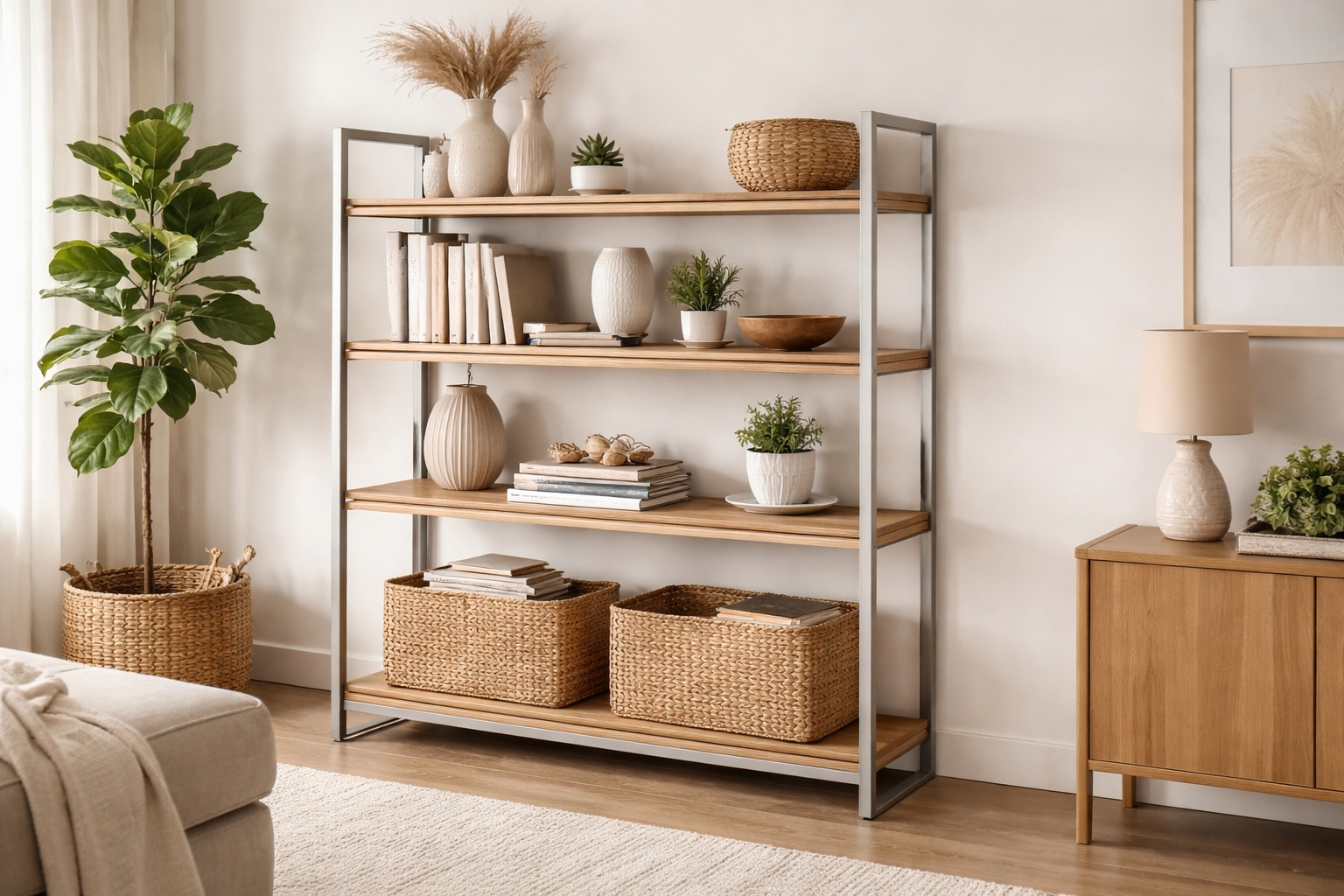 Ein Regal mit Edelstahlrahmen trägt mehrere Böden aus Multiplex.