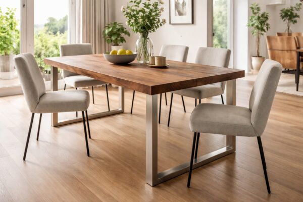 Ein Esstisch steht auf einem Gestell aus quadratischen Edelstahlprofilen.