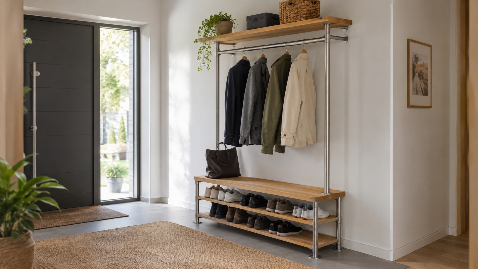 Eine Garderobe aus Rundrohr Edelstahl und Eiche steht in einem Eingangsbereich.