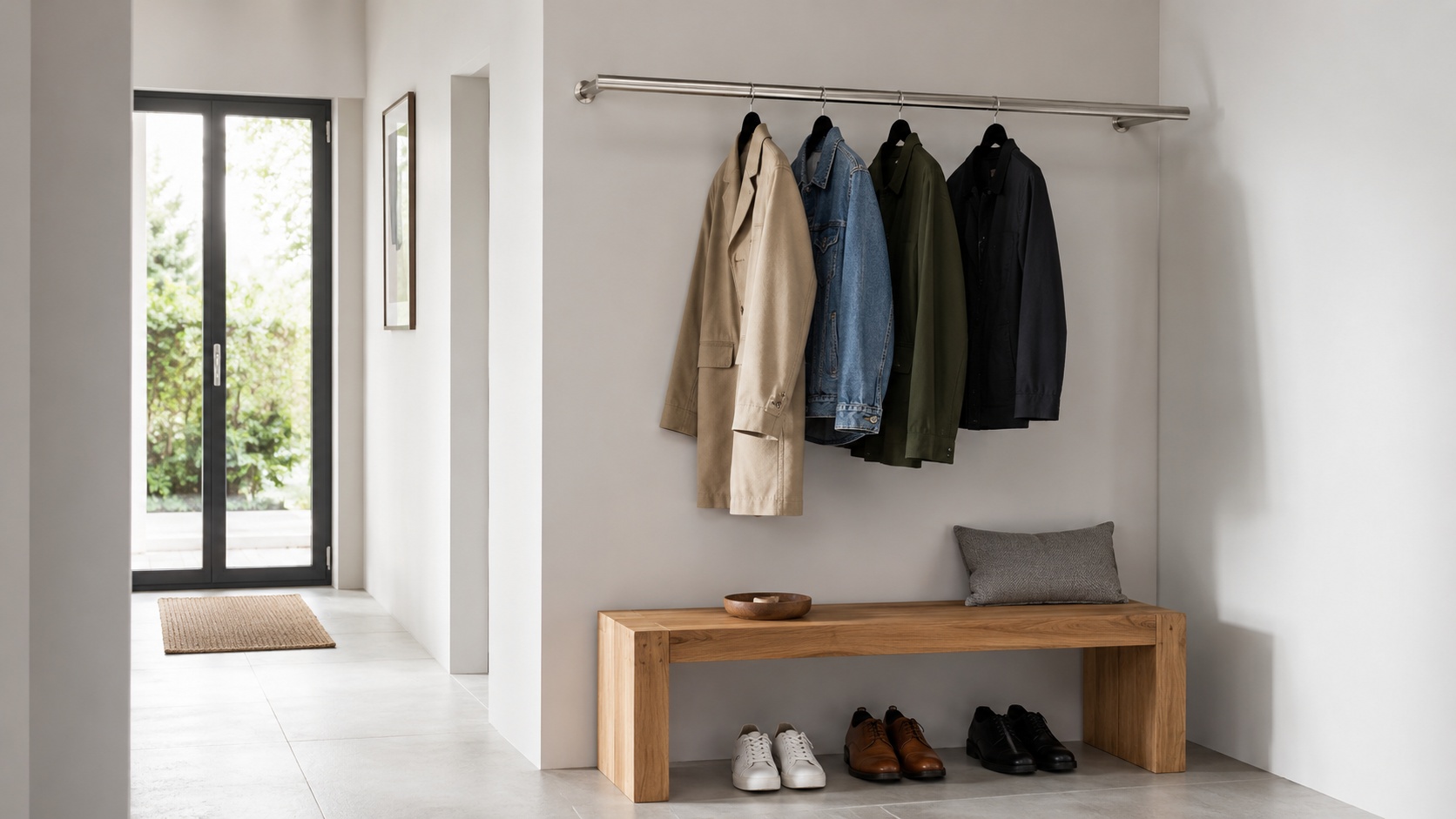 Eine Garderobe aus Rundrohr Edelstahl mit Jacken steht in einem modernen Flur.